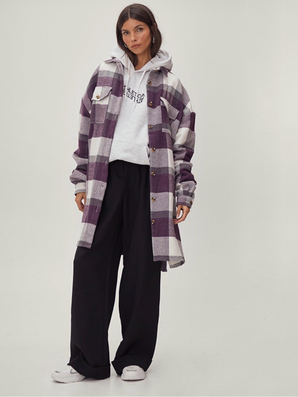 NWT Nasty Gal Oversized Plaid Longline Shacket Shirt Jacket Purple Cream M